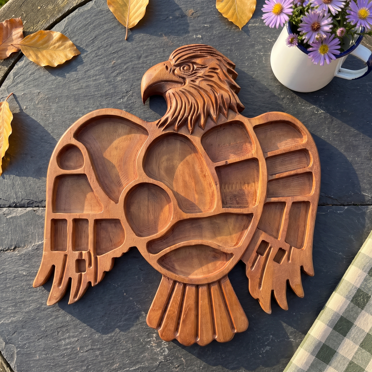 Hand-carved Eagle serving tray on a slate garden table