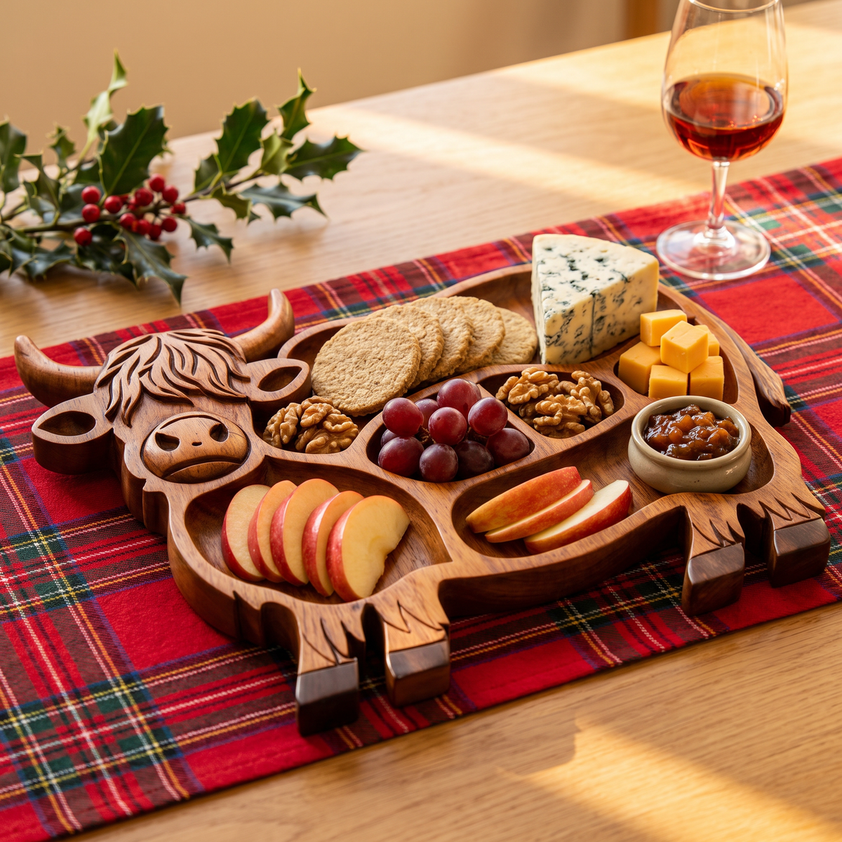 Highland Cow serving tray as a Christmas cheeseboard with Stilton and chutney