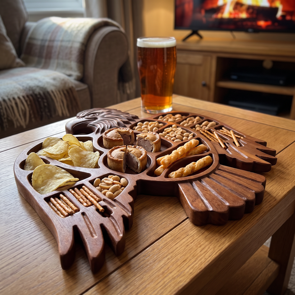 Eagle serving tray with crisps, nuts and pork pies for the football