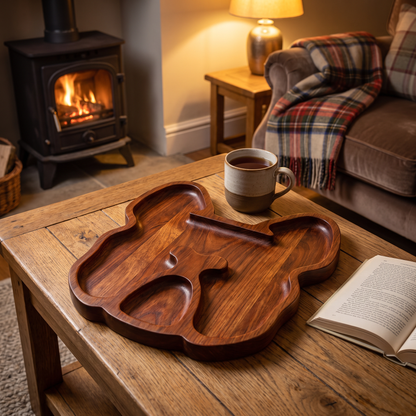 Hand-carved Bulldog serving tray on a coffee table by a wood burner