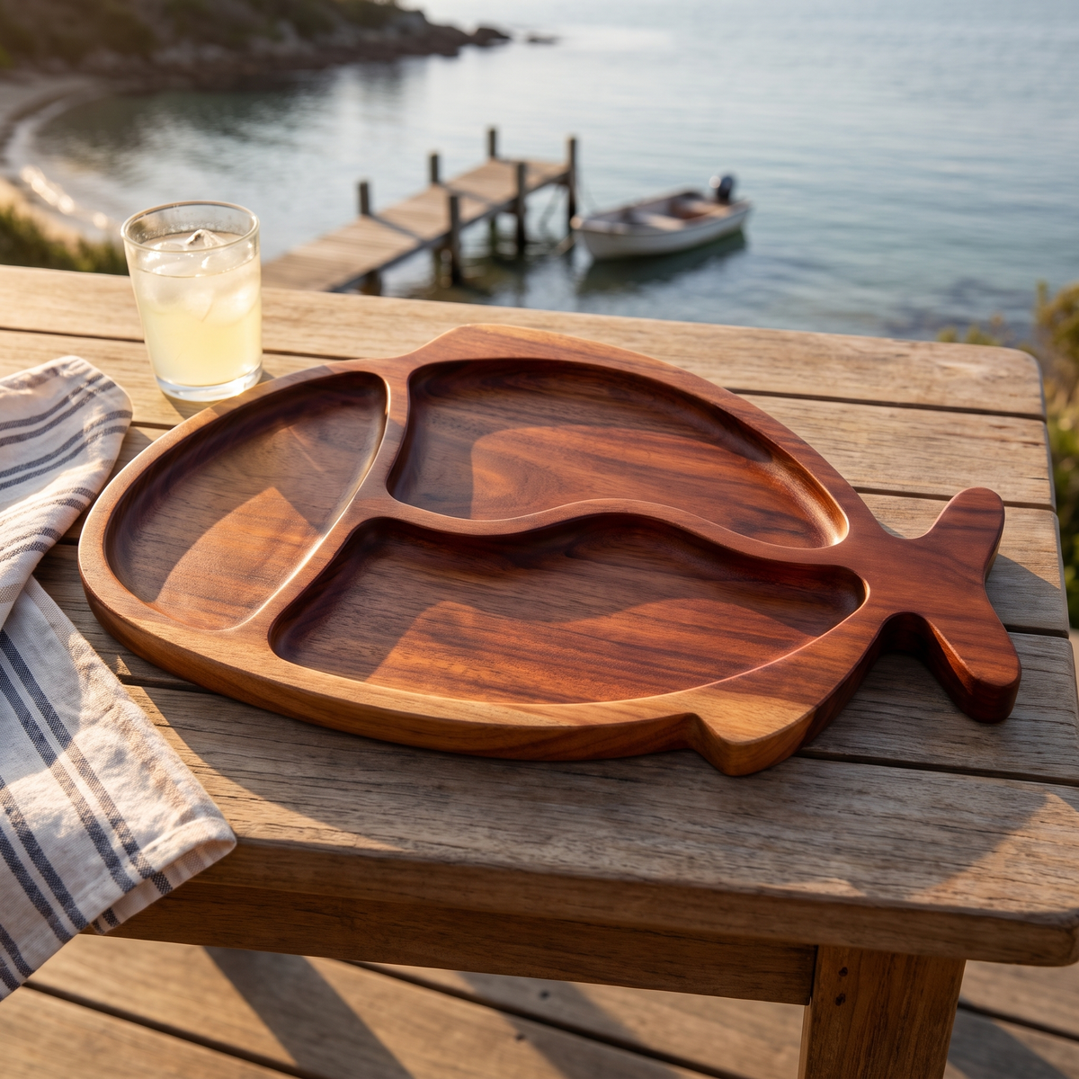 Hand-carved Bream serving tray on a coastal deck