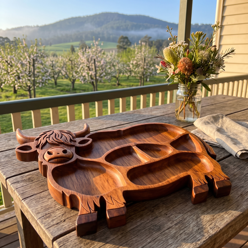 Hand-carved Highland Cow serving tray in Tasmanian blackwood on a farmhouse veranda