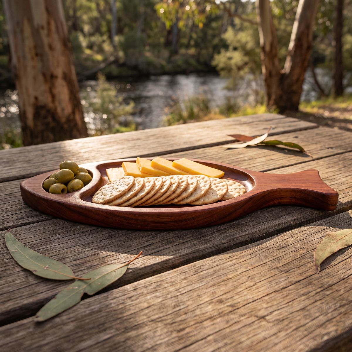 Trout serving tray with crackers, cheddar and olives by the river