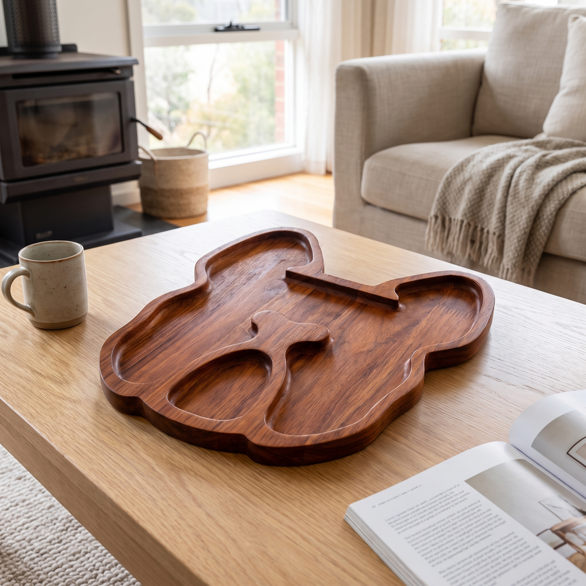 Hand-carved Bulldog serving tray on a coffee table