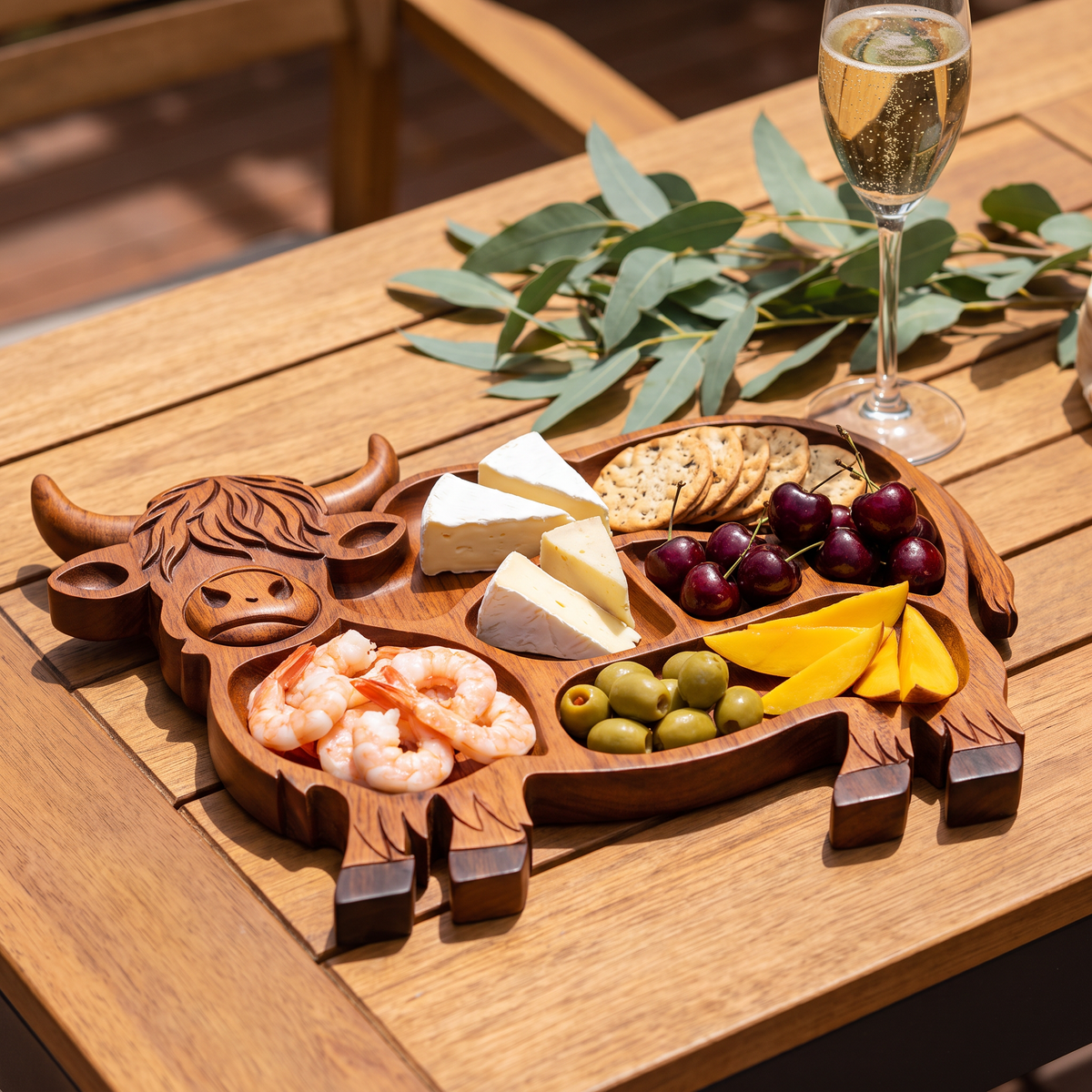 Highland Cow serving tray as a Christmas grazing board with prawns and cherries