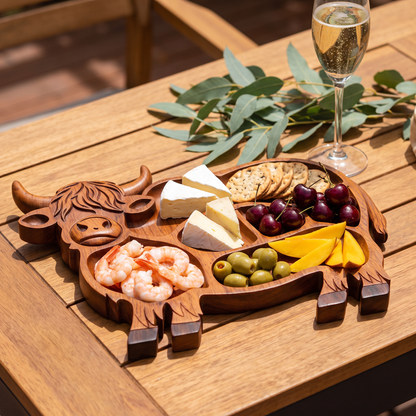 Highland Cow serving tray as a Christmas grazing board with prawns and cherries