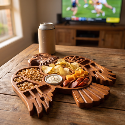 Eagle serving tray with footy snacks and dip