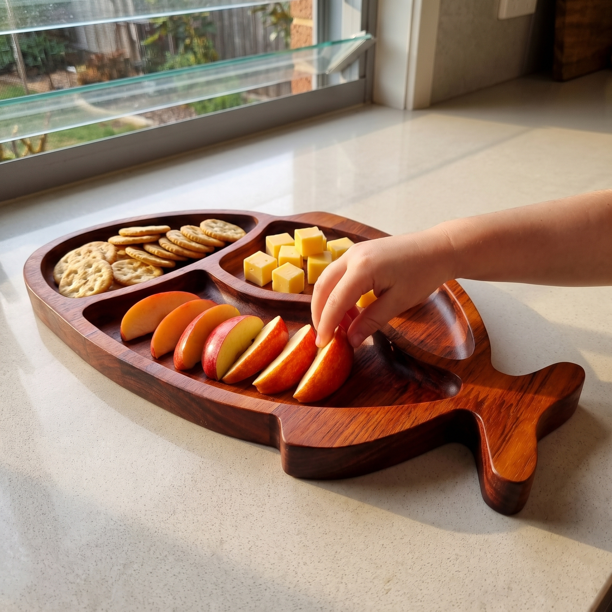 Bream serving tray with apple slices, cheese and crackers