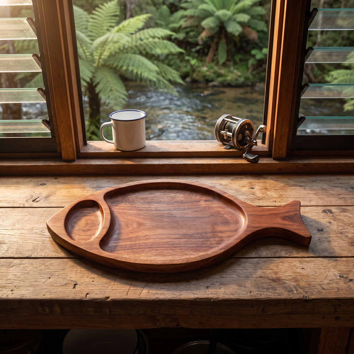 Hand-carved Trout serving tray in a Tasmanian river shack