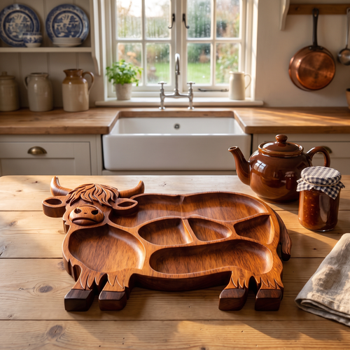 Hand-carved Highland Cow serving tray in English elm on a cottage kitchen table