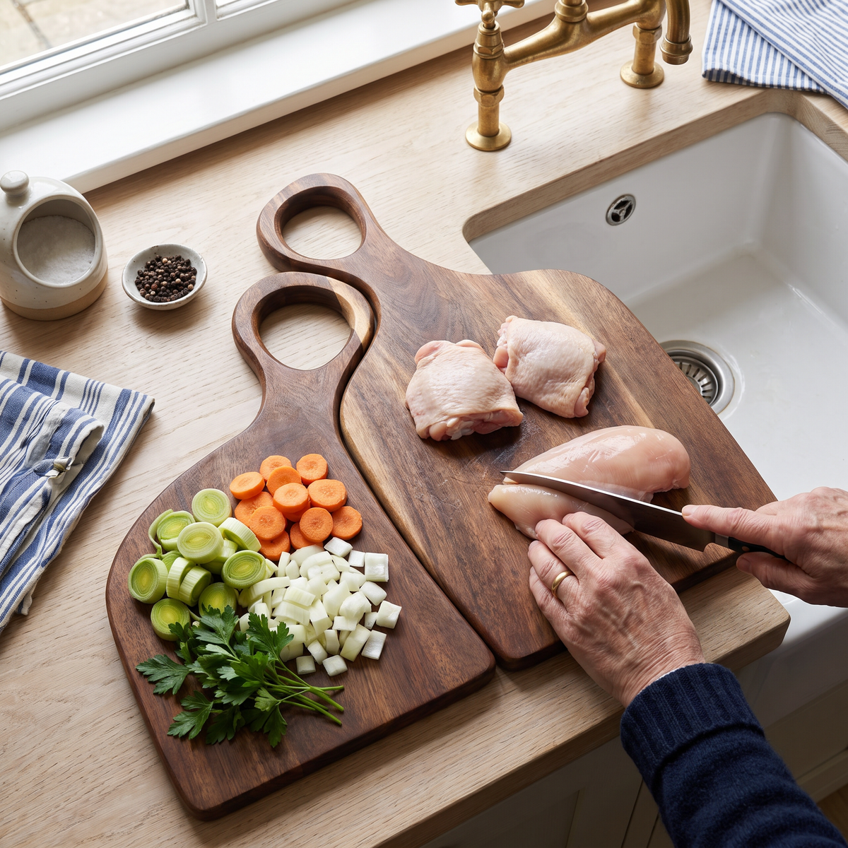 Tall board for raw chicken, short board for vegetables