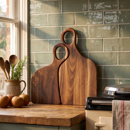 Hedley's walnut chopping boards standing together in an English cottage kitchen