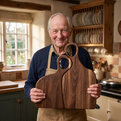 Hedley Pargeter holding a pair of his walnut boards