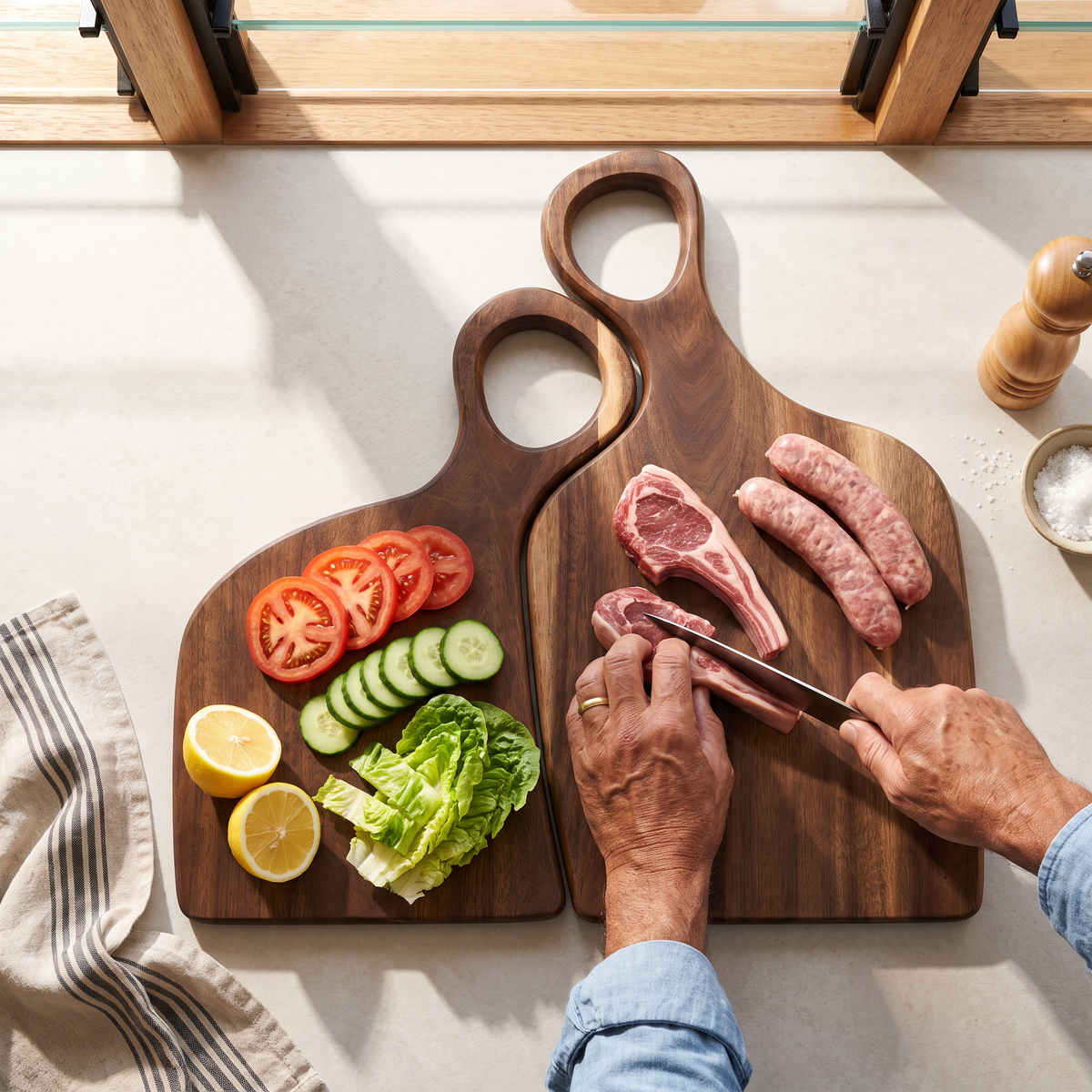 Tall board for raw chops and snags, short board for salad