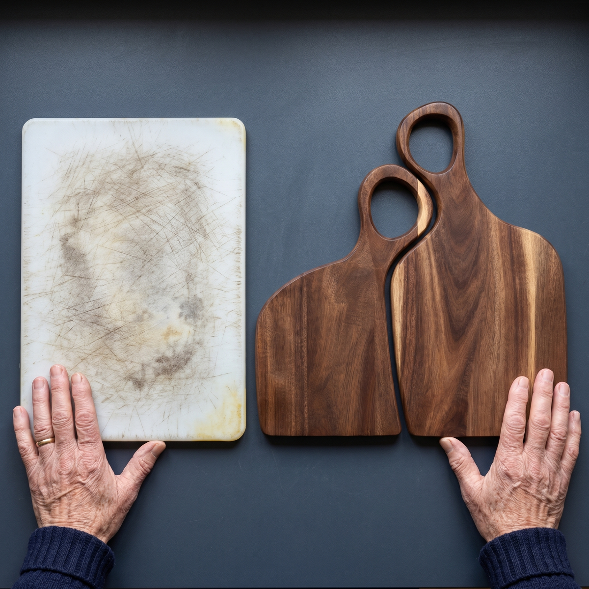Worn plastic chopping board next to the solid walnut pair