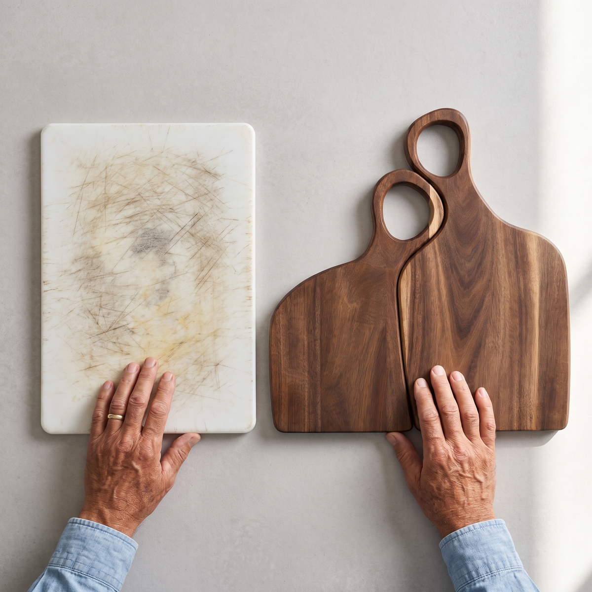 Worn plastic chopping board next to the solid blackwood pair