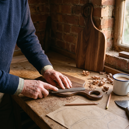 Hedley shaping a board by hand with a rasp