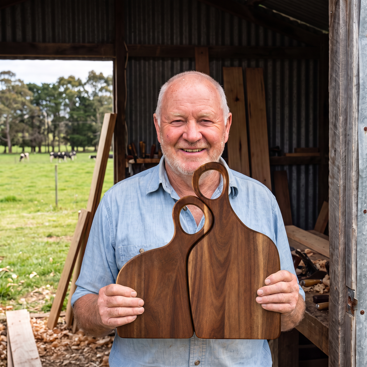 Noel Kerrison holding a pair of his blackwood boards