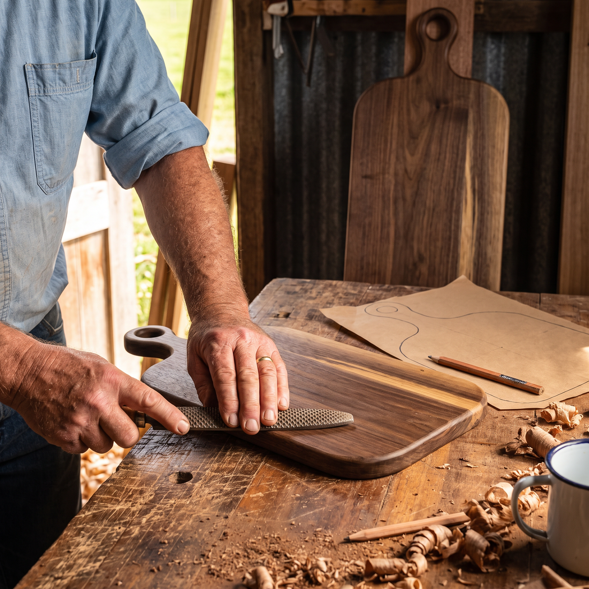 Noel shaping a board by hand with a rasp