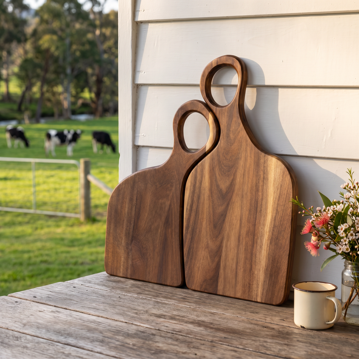 Noel's blackwood chopping boards on a Tasmanian verandah
