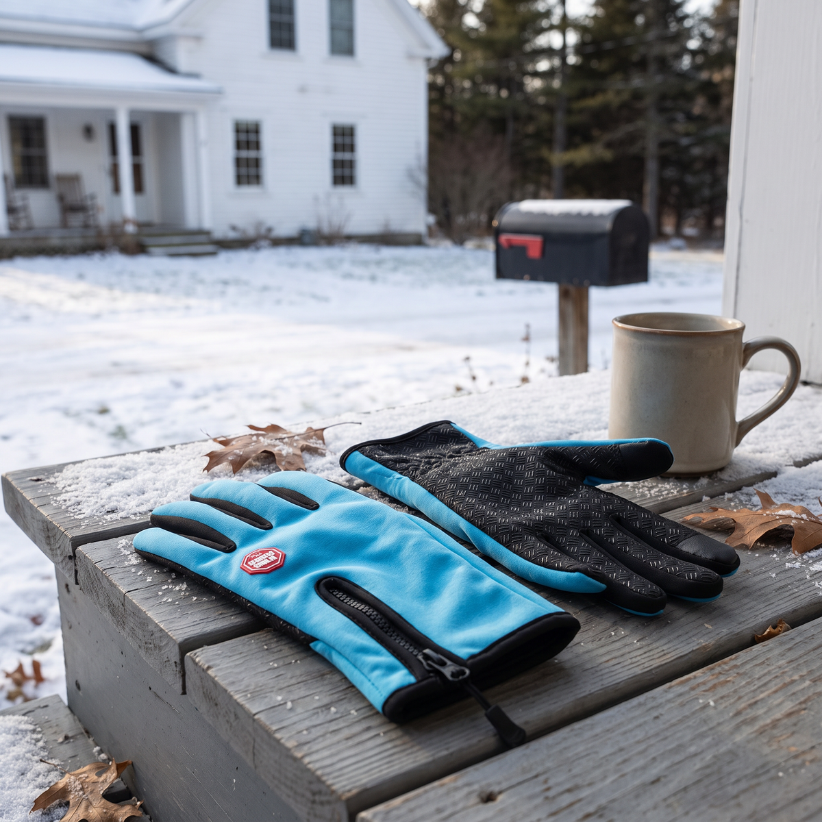 Sky Blue winter gloves on a snowy farmhouse porch step