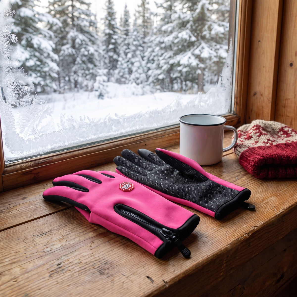 Rose Pink winter gloves on a cabin windowsill