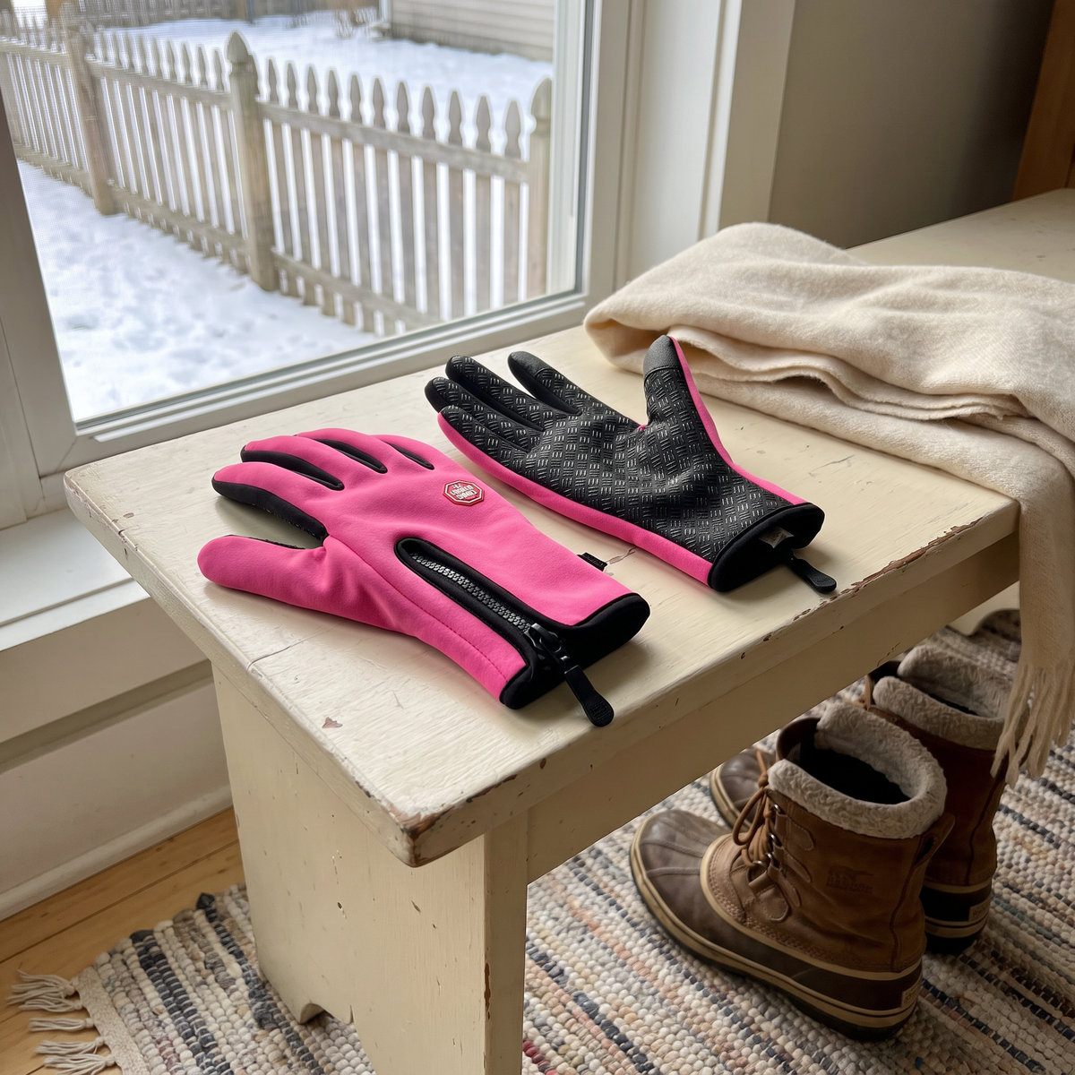 Rose Pink winter gloves on a mudroom bench