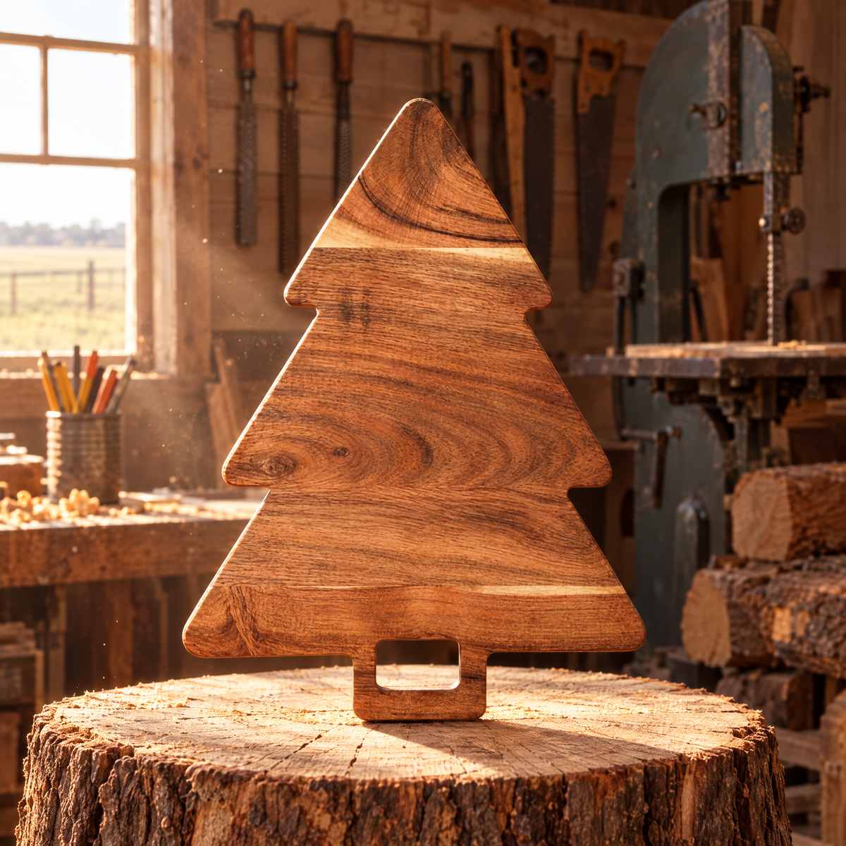 Tree board standing on an acacia stump in Arlis's workshop