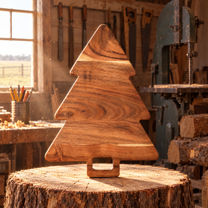 Tree board standing on an acacia stump in Arlis's workshop