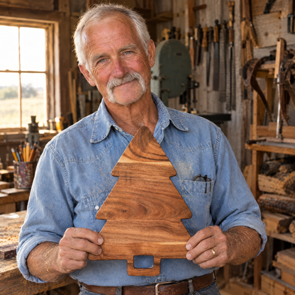 Arlis Henke holding his handmade acacia tree board in his Texas workshop
