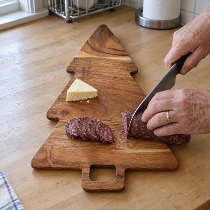 Slicing summer sausage on the acacia tree board