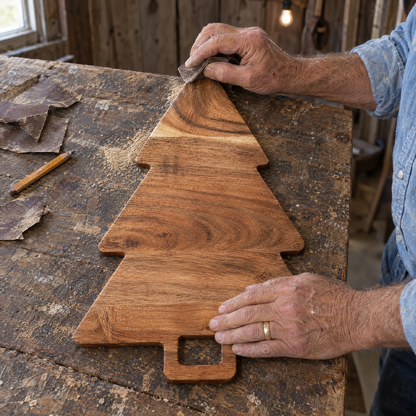 Arlis hand-sanding the tip of the tree board