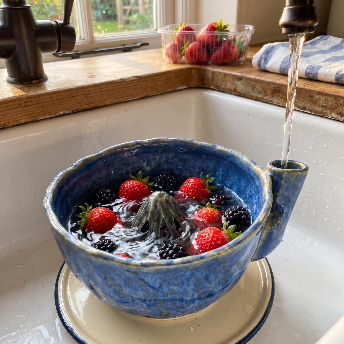 Deep Cobalt berry bowl rinsing strawberries under the tap