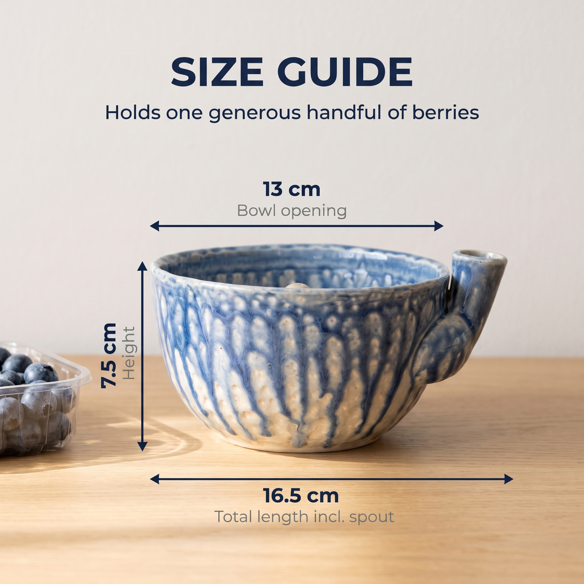 Size guide: 13 cm opening, 7.5 cm tall, 16.5 cm long