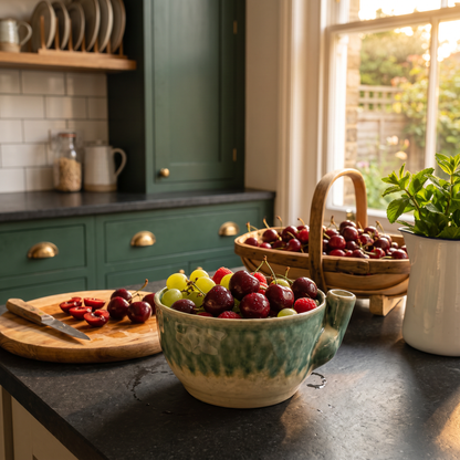 Hilary's Berry Washing Bowl in Weald Sage with fresh cherries in a Kent kitchen