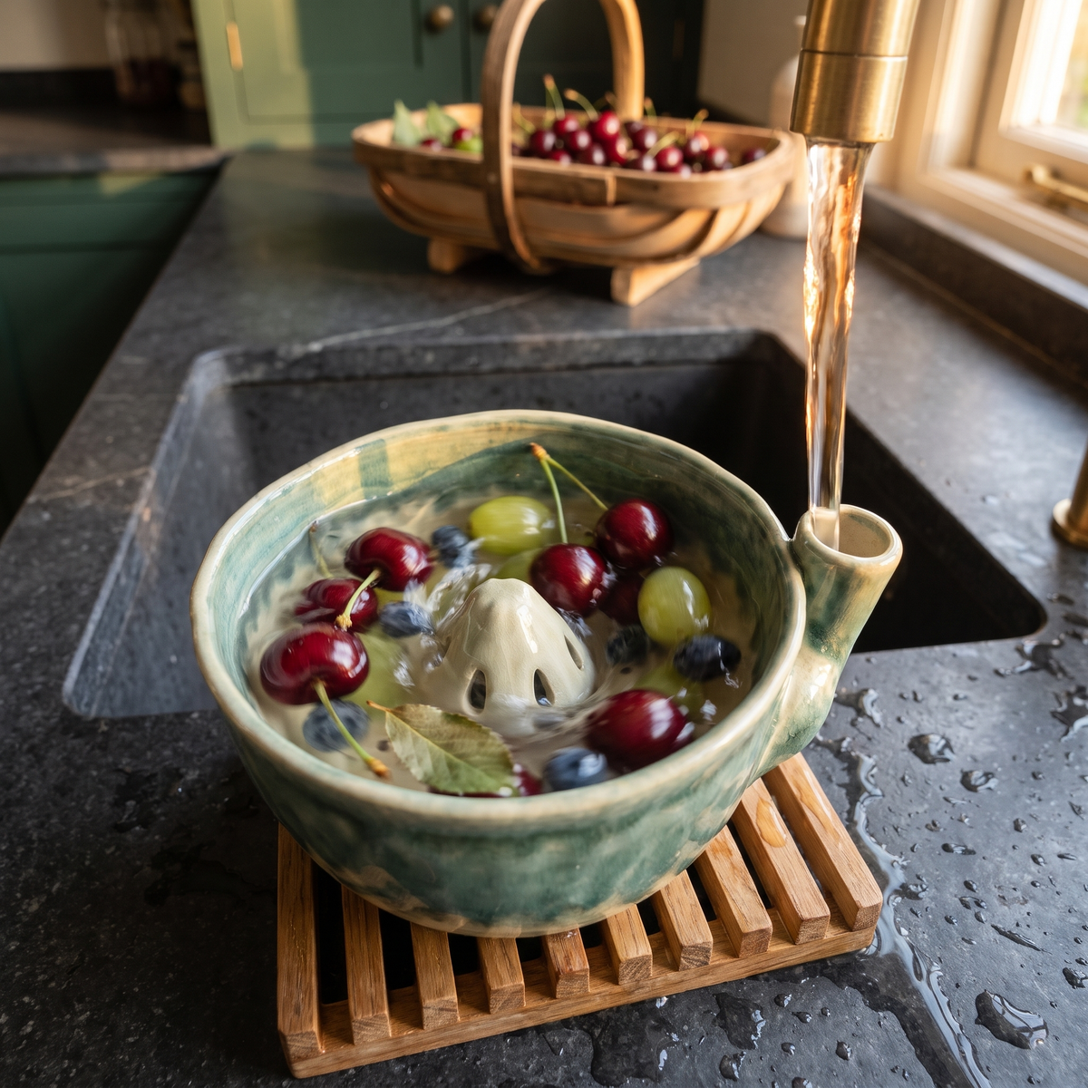 Weald Sage berry bowl rinsing cherries under the tap