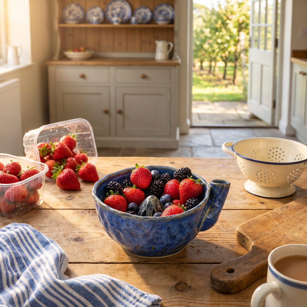 Hilary's Berry Washing Bowl in Deep Cobalt with fresh berries in a farmhouse kitchen