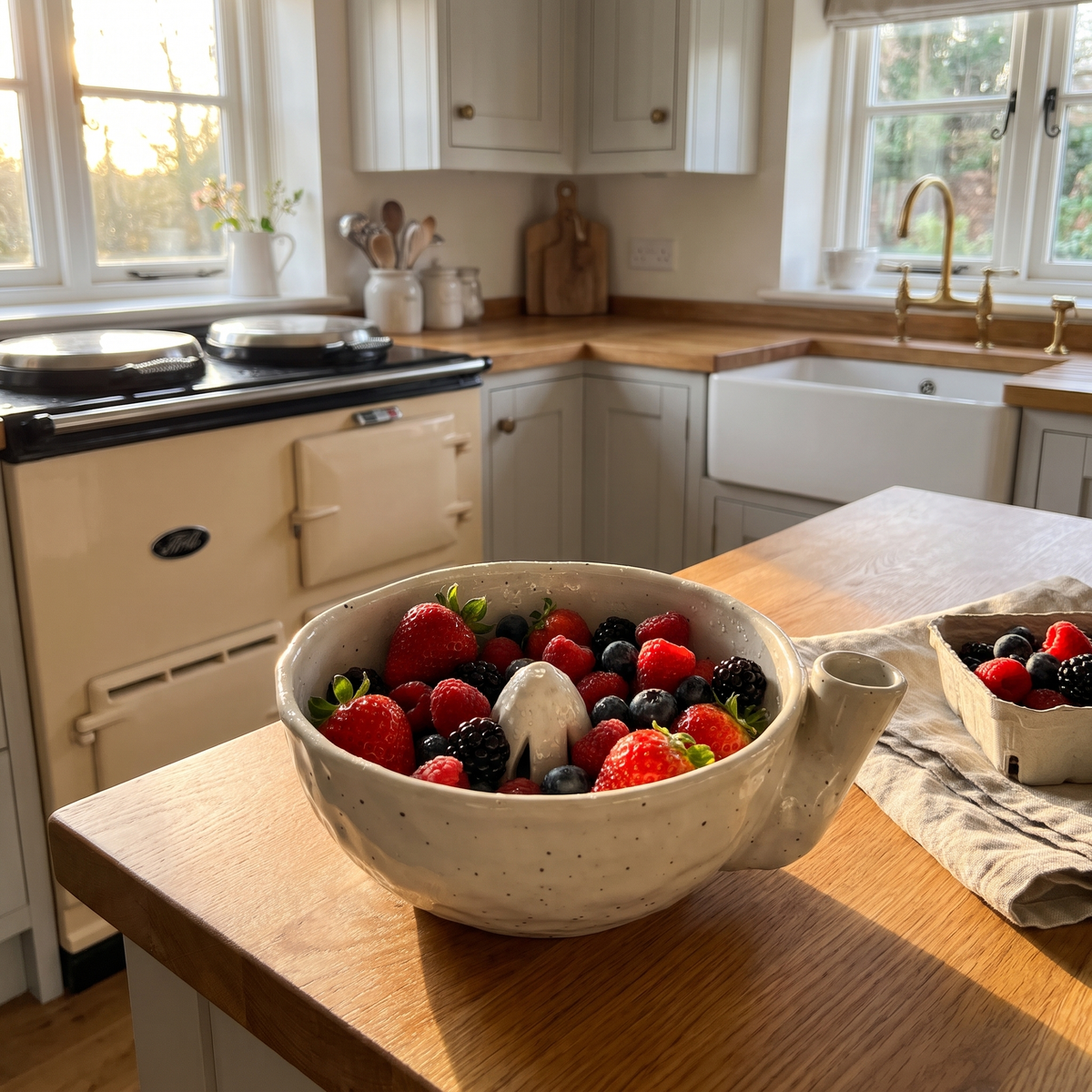 Hilary's Berry Washing Bowl in Shingle Cream with fresh berries in an English cottage kitchen