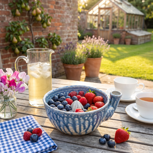 Hilary's Berry Washing Bowl in Medway Blue with fresh berries on an English garden table