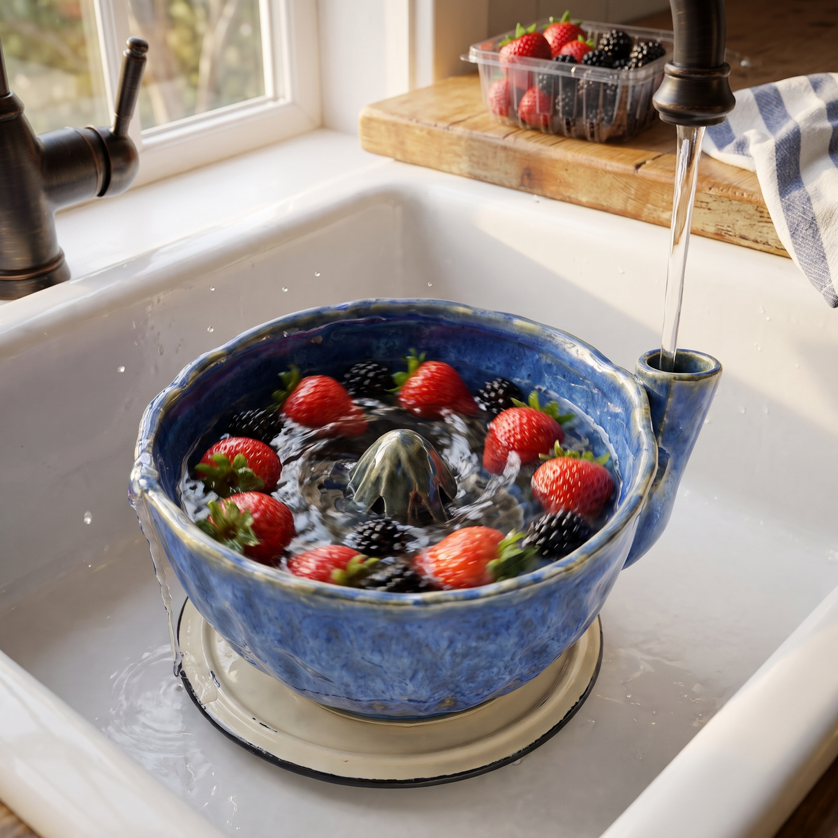 Deep Cobalt berry bowl rinsing strawberries under the tap