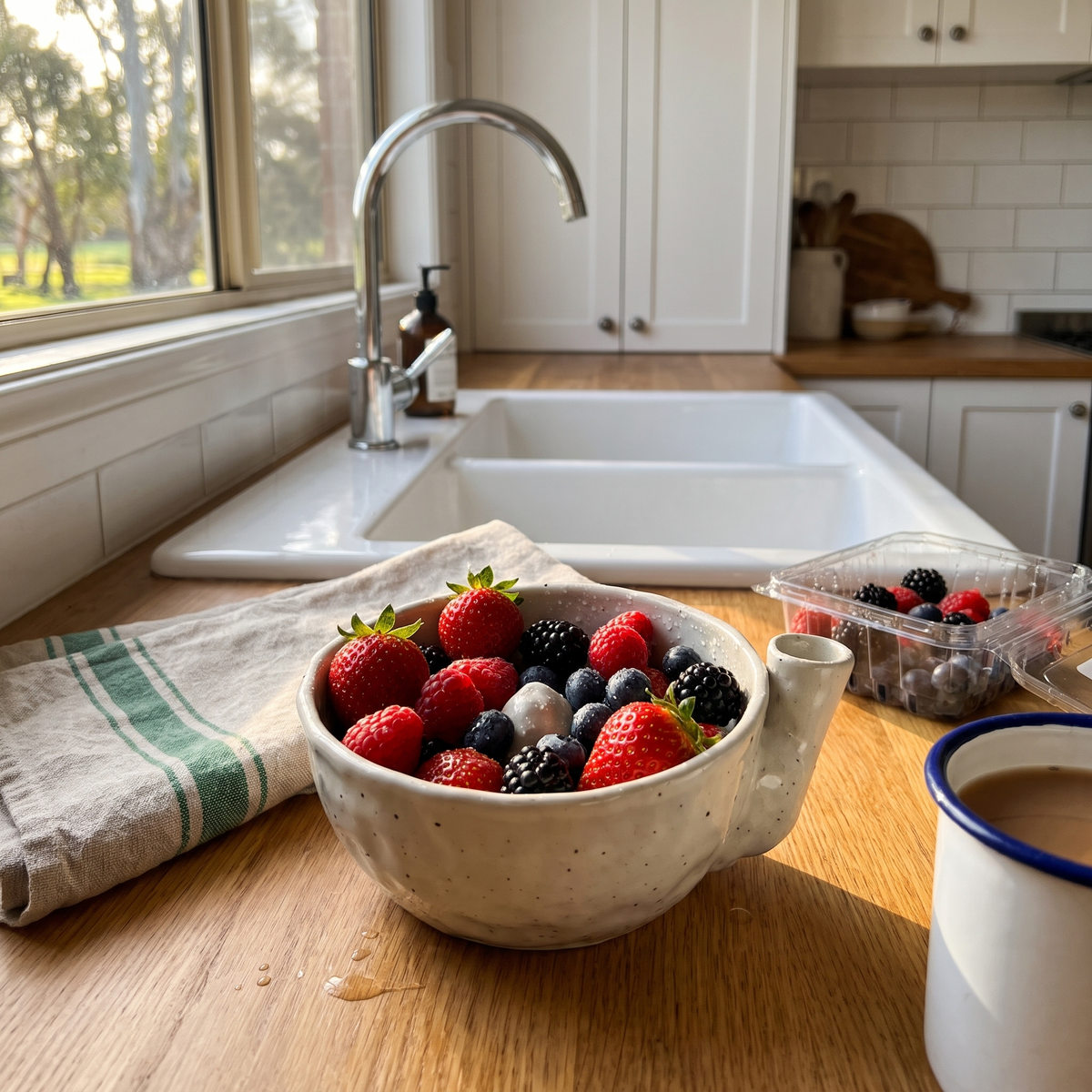 Leonie's Berry Washing Bowl in Bruny Cream with fresh berries in a Tasmanian farmhouse kitchen