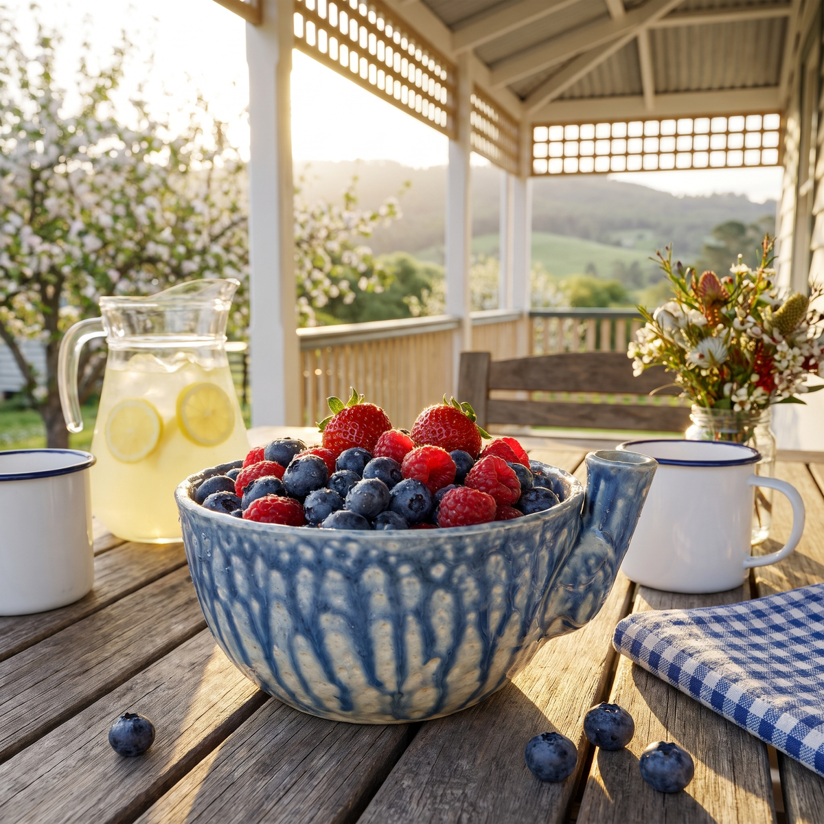 Leonie's Berry Washing Bowl in Channel Blue with fresh berries on a cottage verandah