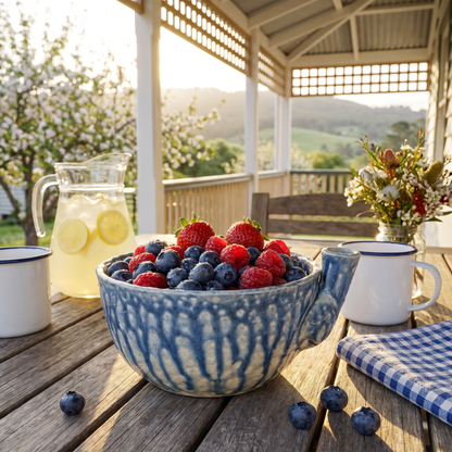 Leonie's Berry Washing Bowl in Channel Blue with fresh berries on a cottage verandah