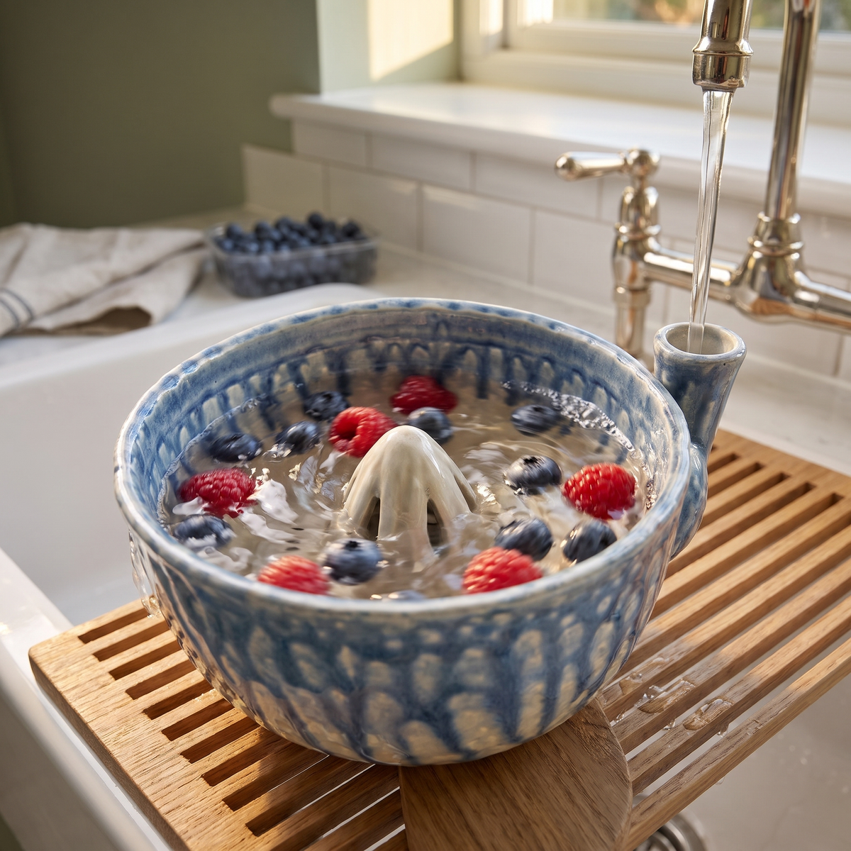 Medway Blue berry bowl rinsing berries under the tap