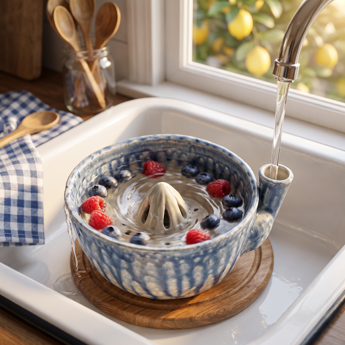 Channel Blue berry bowl rinsing berries under the tap