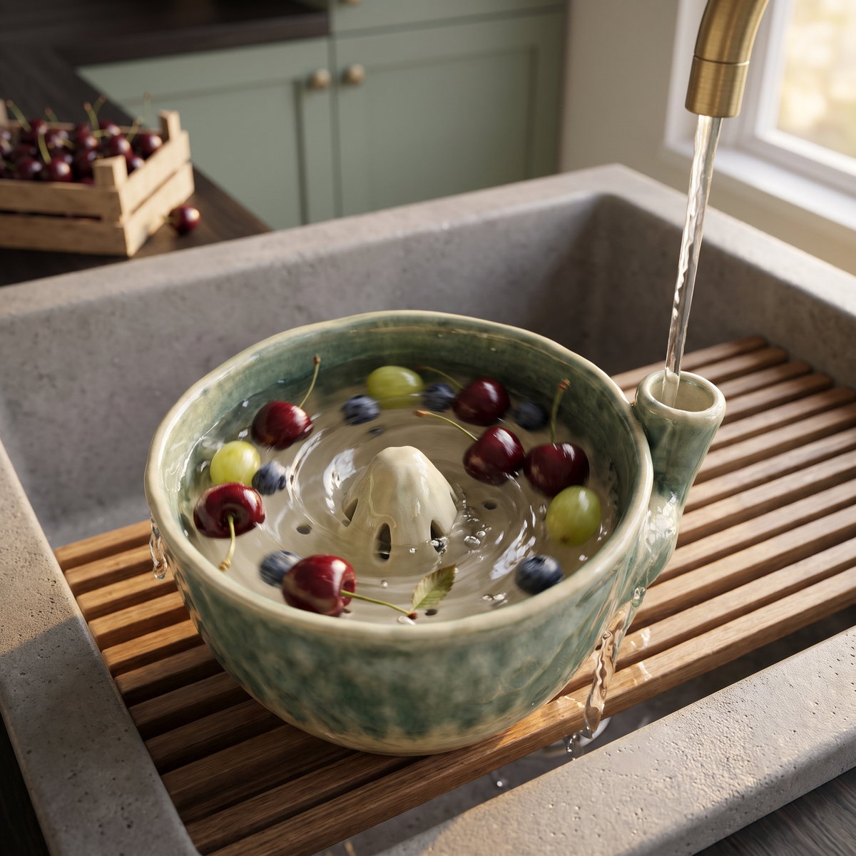 Huon Sage berry bowl rinsing cherries under the tap