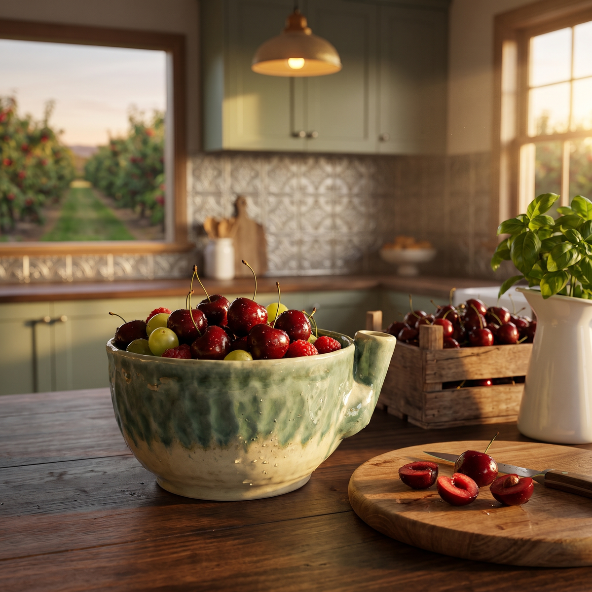 Leonie's Berry Washing Bowl in Huon Sage with fresh cherries in a Tasmanian kitchen