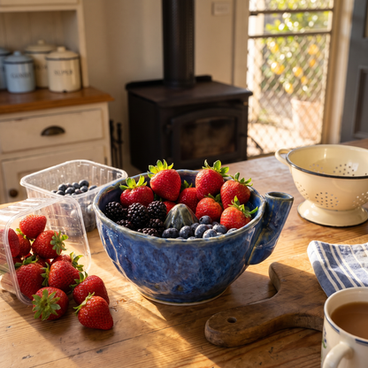 Leonie's Berry Washing Bowl in Deep Cobalt with fresh berries in a farmhouse kitchen