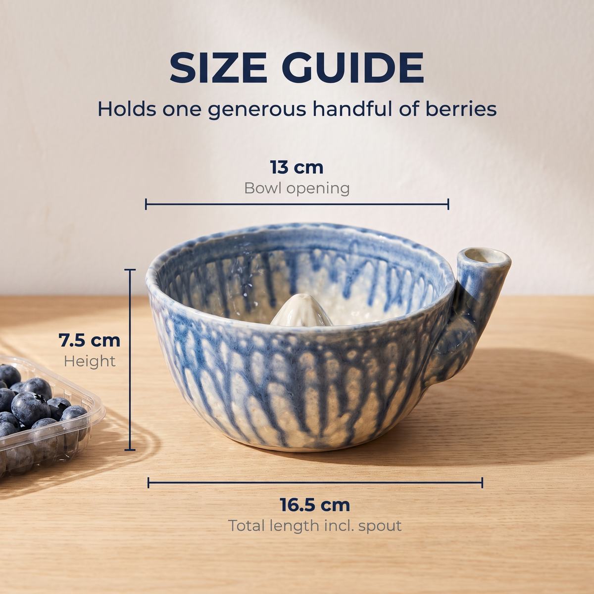 Size guide: 13 cm opening, 7.5 cm tall, 16.5 cm long