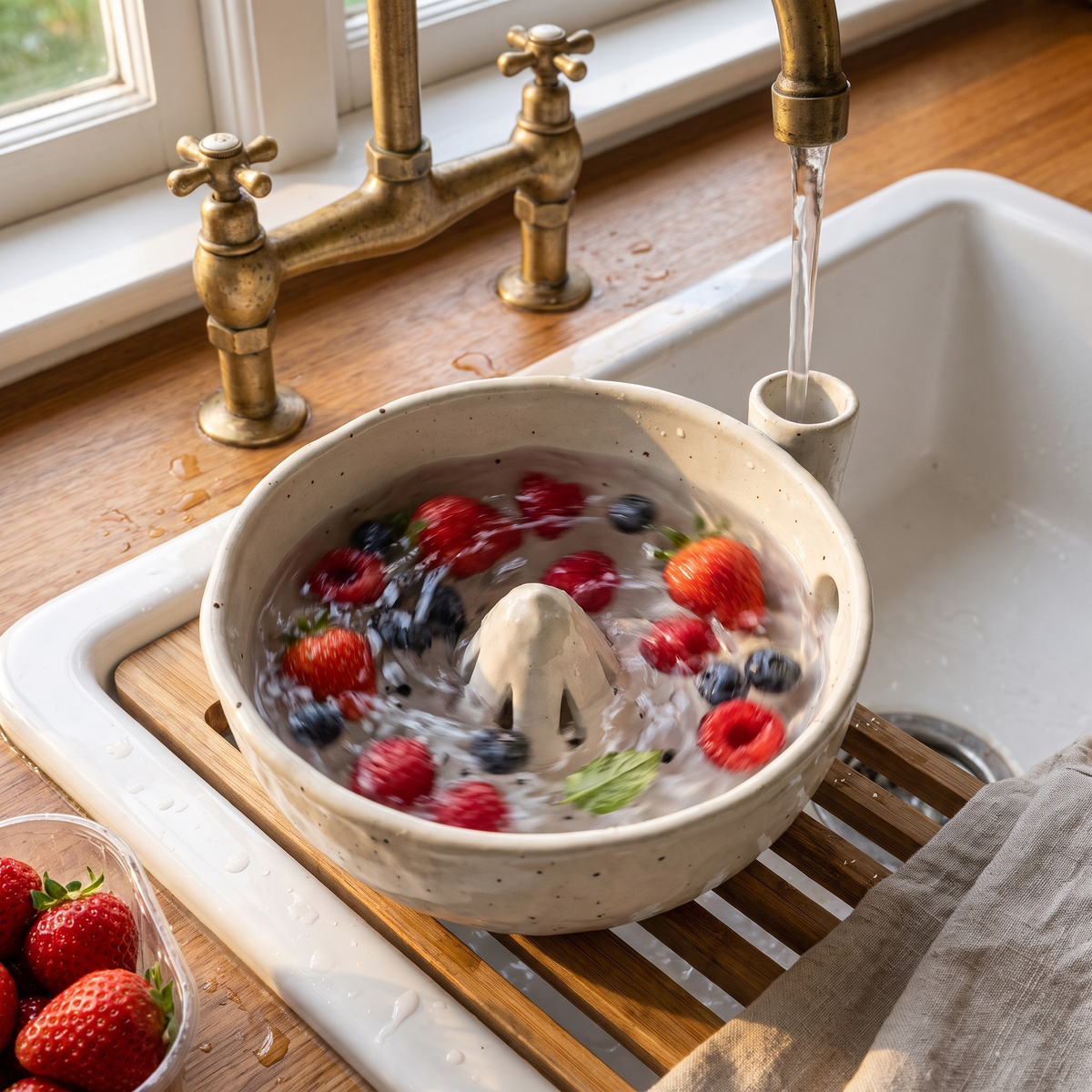 Schist Cream berry bowl rinsing berries under the tap